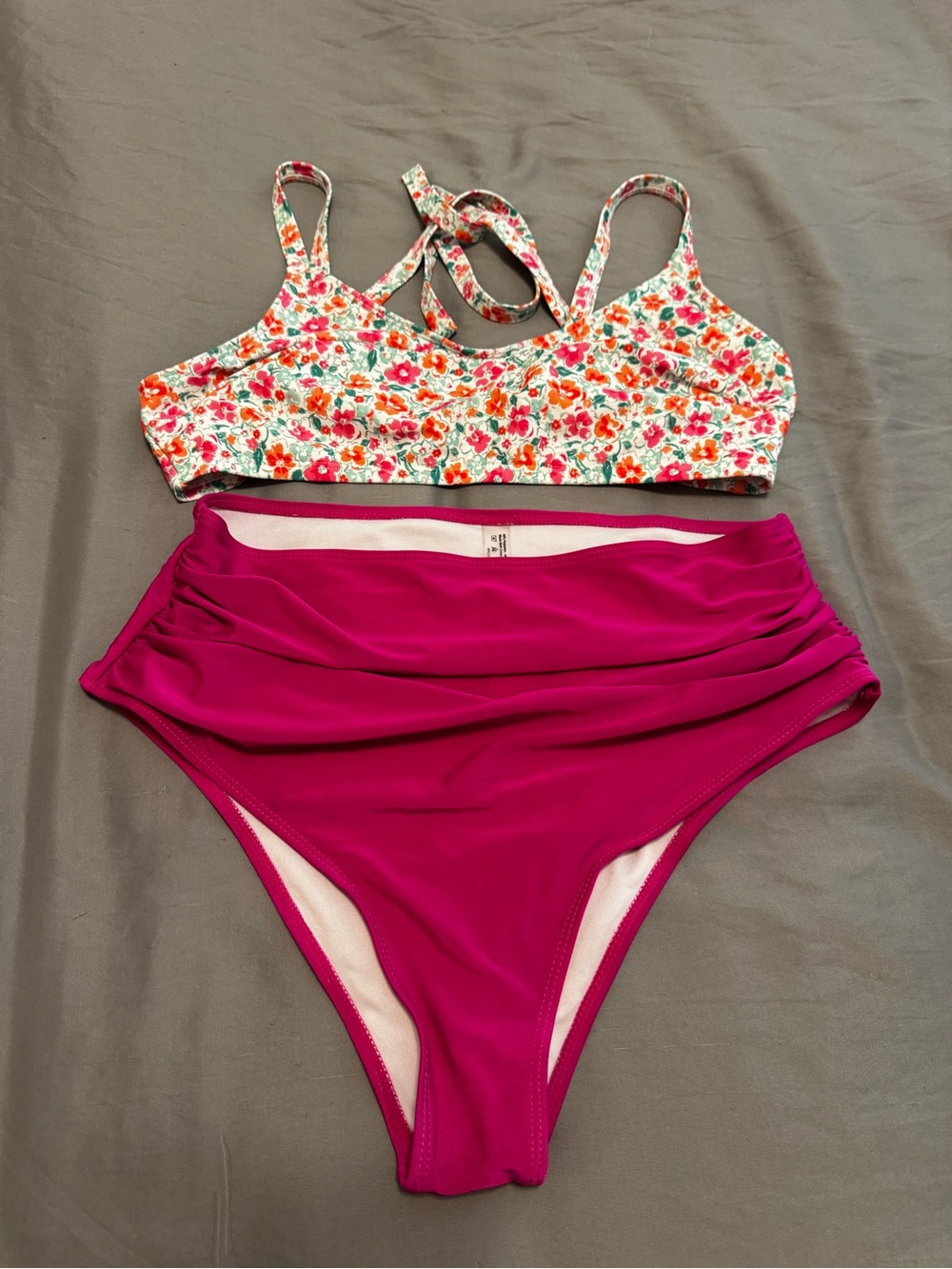 SHEIN Floral Print Crop Bikini Top & Magenta High-Waist Bottoms